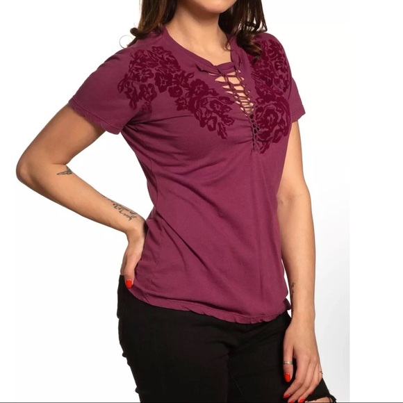 Affliction Women's T-Shirt FLORETTA PINK Cross Biker Wings - Picture 2 of 5